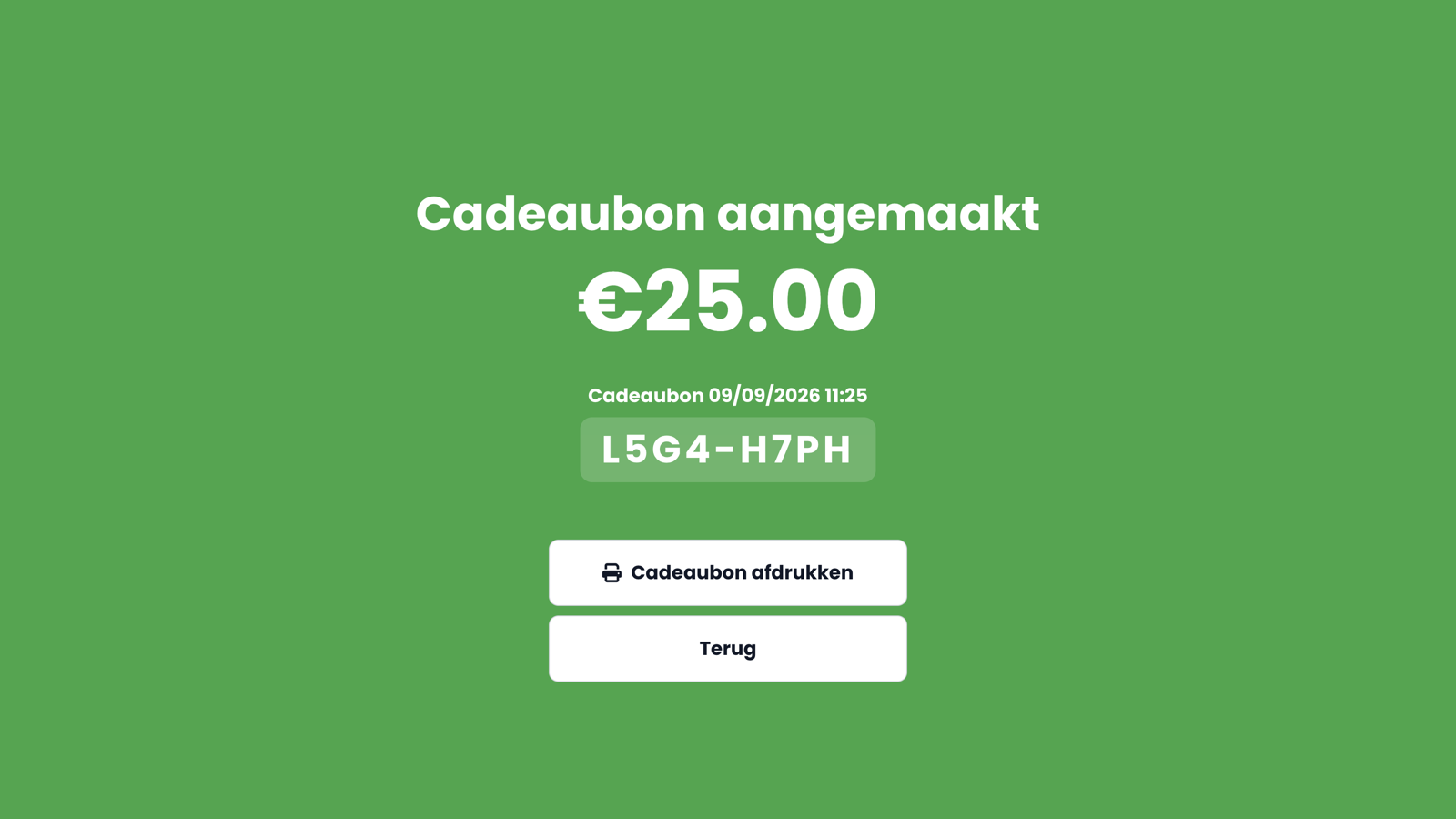 L'écran vert de confirmation Bon cadeau créé avec le montant, le nom, le code et les boutons Imprimer le bon cadeau et Retourner.