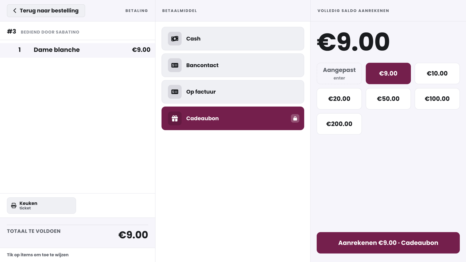 L'écran de paiement avec une Dame blanche de 9,00 euros : le mode de paiement Bon cadeau est sélectionné et le bouton Encaisser 9,00 euros Bon cadeau se trouve en bas.