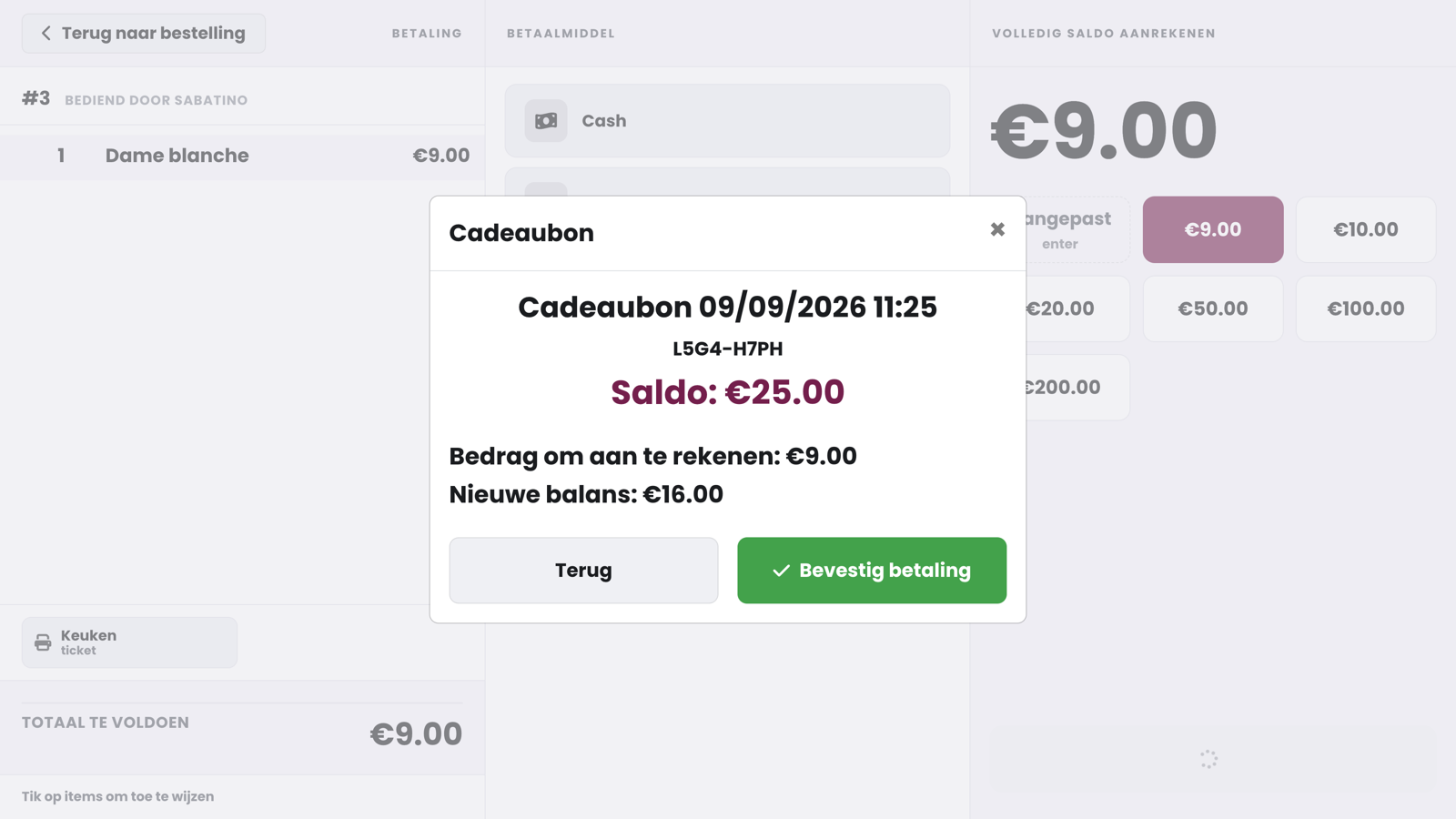 La fenêtre de confirmation : nom et code du bon, solde 25,00 euros, montant à encaisser 9,00 euros, nouveau solde 16,00 euros et les boutons Retourner et Confirmer le paiement.
