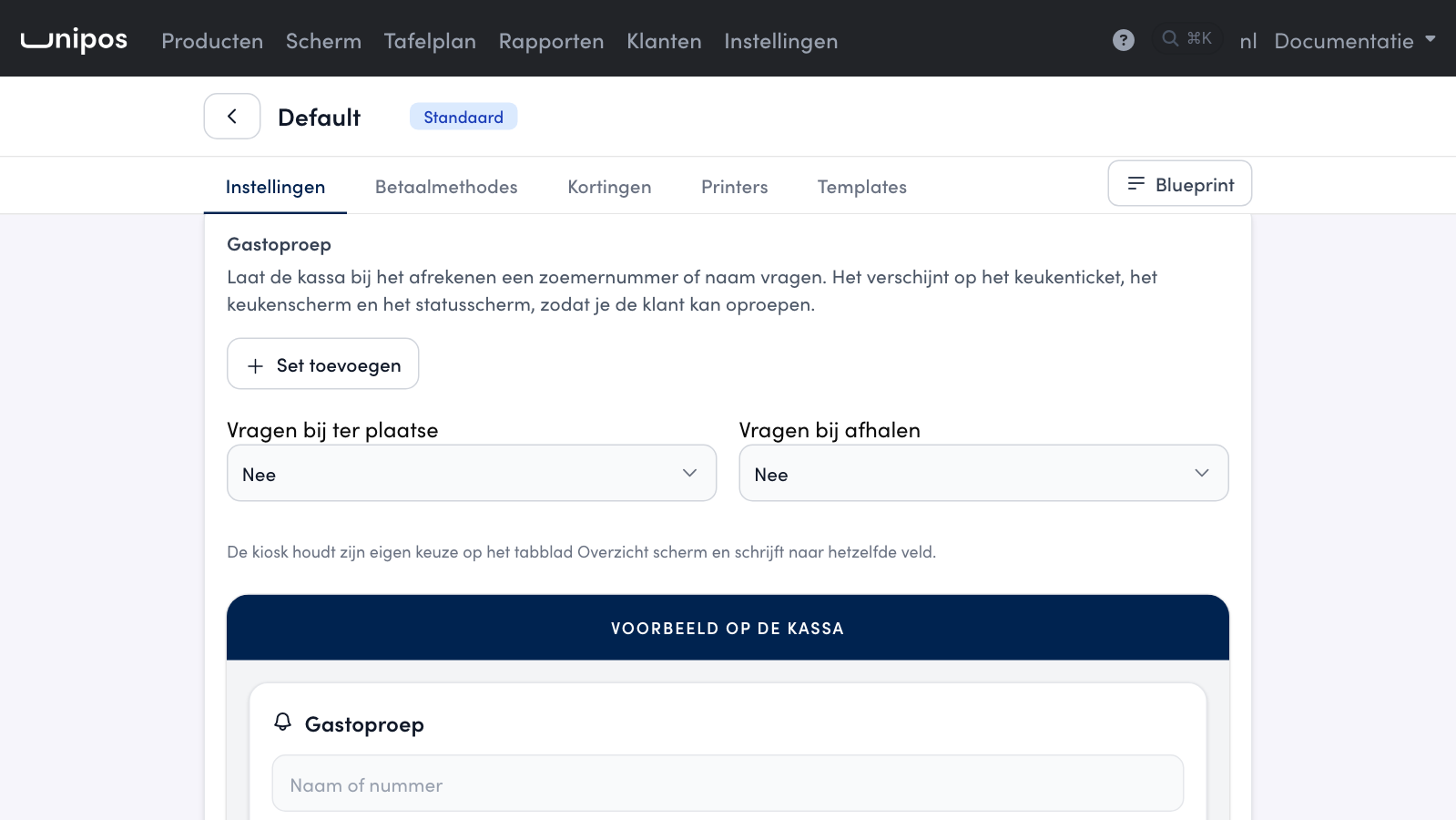 De kaart Gastoproep op het tabblad Instellingen van een kassaconfiguratie: nog geen set, en bij ter plaatse en afhalen staat Nee.