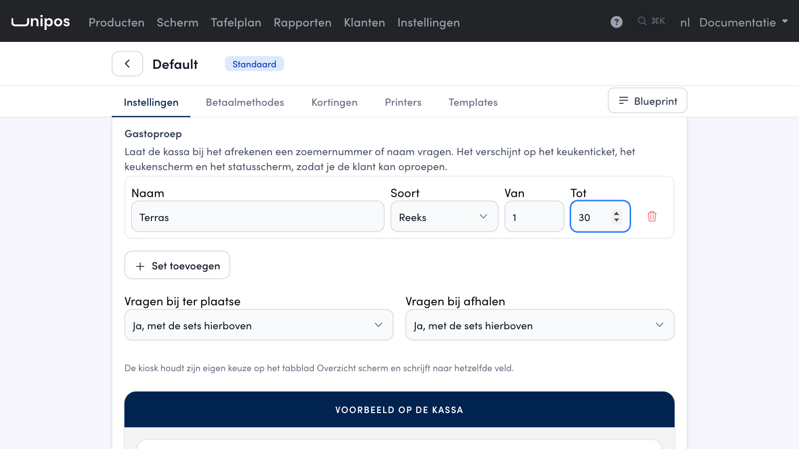 Een set Terras met een reeks van 1 tot 30. Bij ter plaatse en bij afhalen staat Ja, met de sets hierboven.
