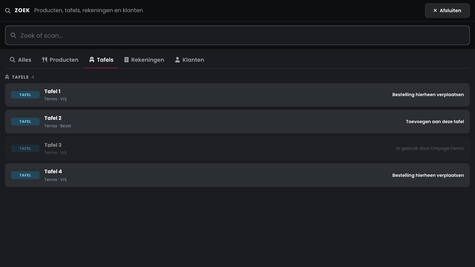 The search window on Tables: Tafel 1 and 4 are free, Tafel 2 is occupied and Tafel 3 is in use on another device.