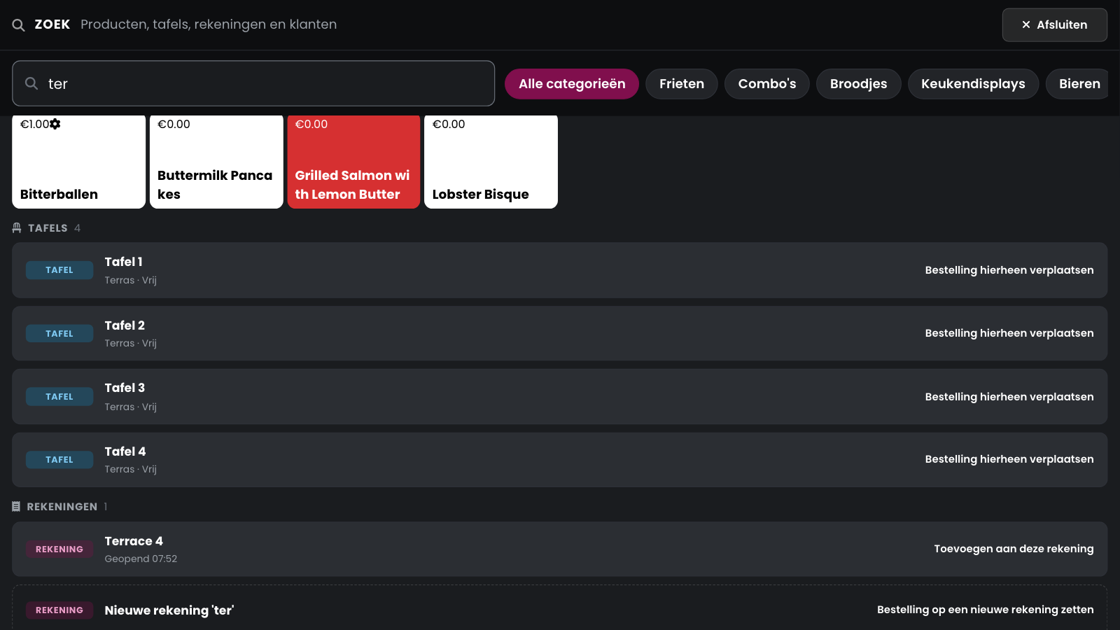 Searching for ter in All: products, tables and tabs in separate sections, with what a tap does on the right.