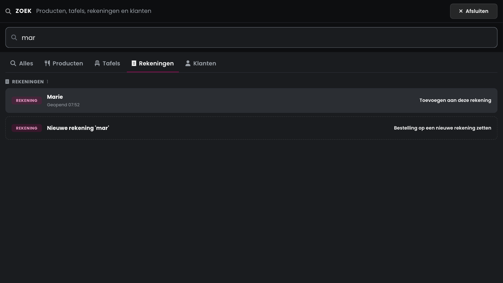 The search window on Tabs with the open tab Marie and, at the bottom, a new tab called mar.