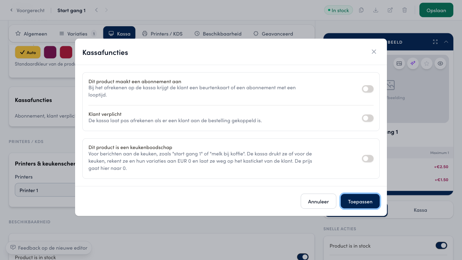The Kassafuncties window: membership, customer required and kitchen message are all three off.