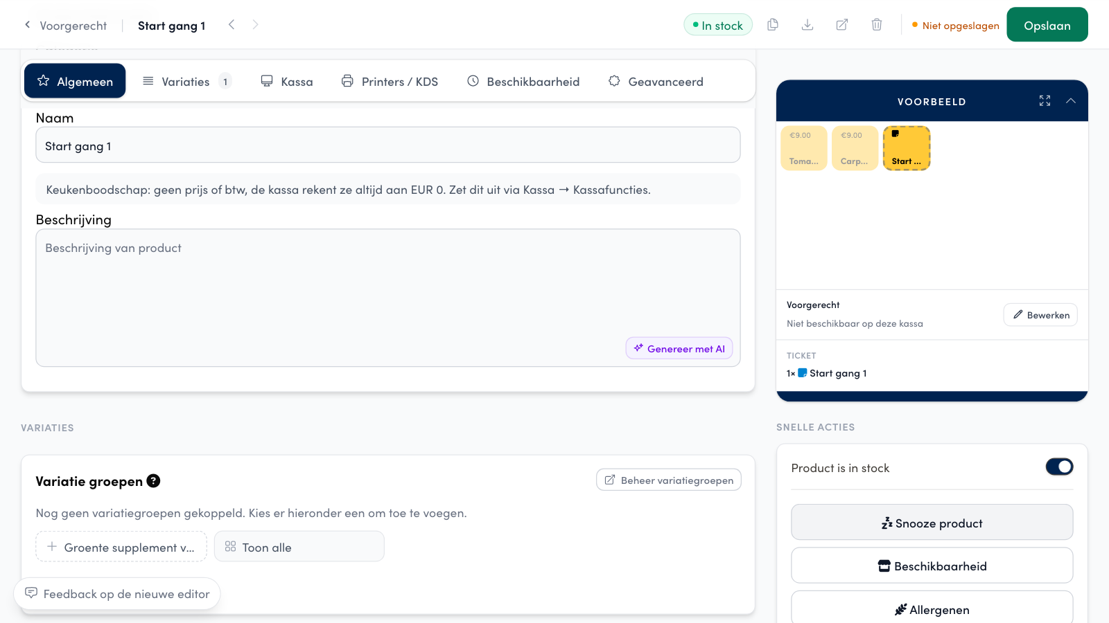 After Toepassen the price and VAT fields are gone and the preview shows the tile with the note icon. Opslaan saves the product.