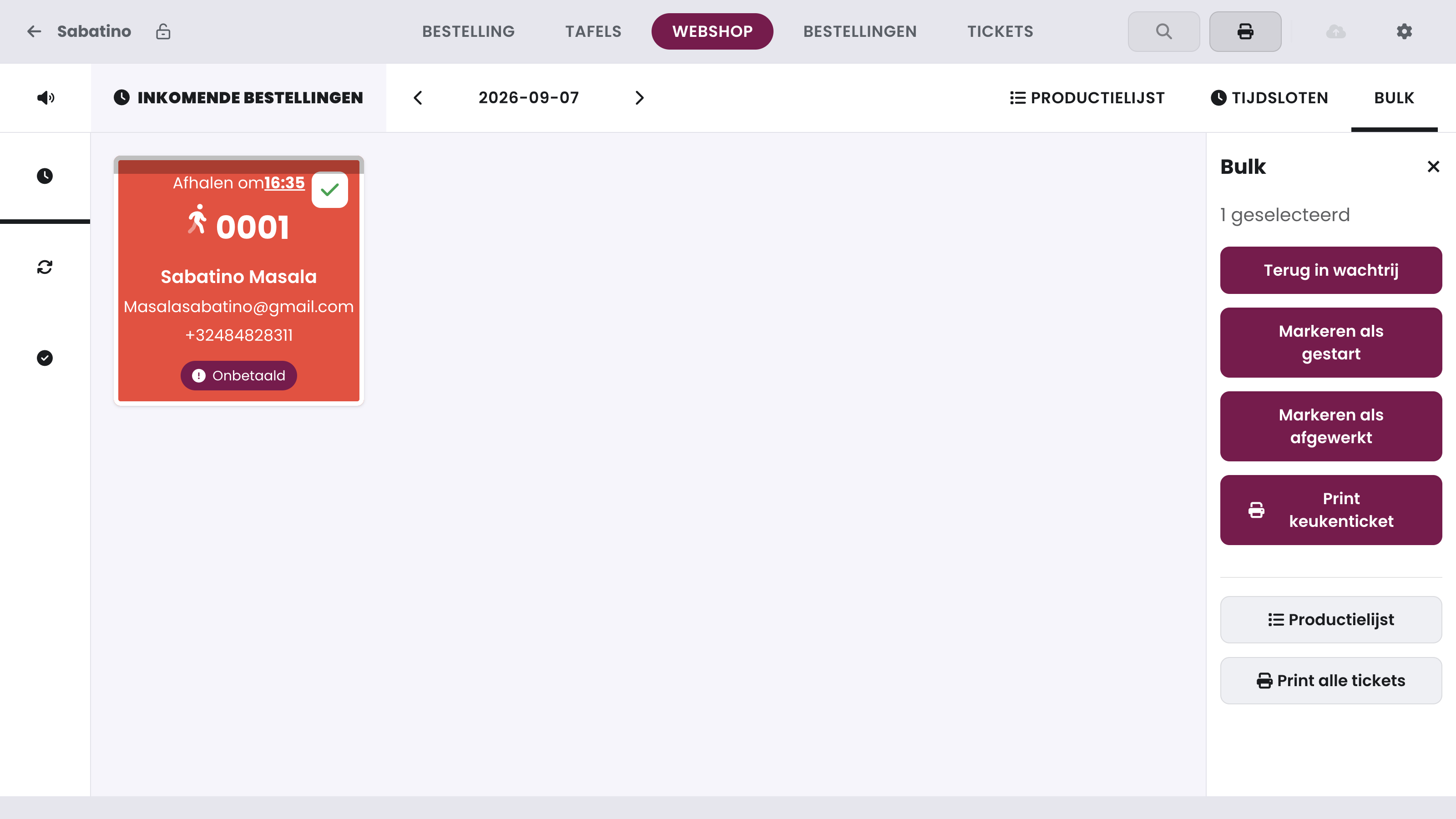 Mode groupé : la carte est cochée (1 sélectionné(s)) et le panneau latéral Bulk affiche les actions de statut (1), Imprimer le ticket de cuisine (2) et, en bas, Liste de production et Imprimer tous les tickets (3).