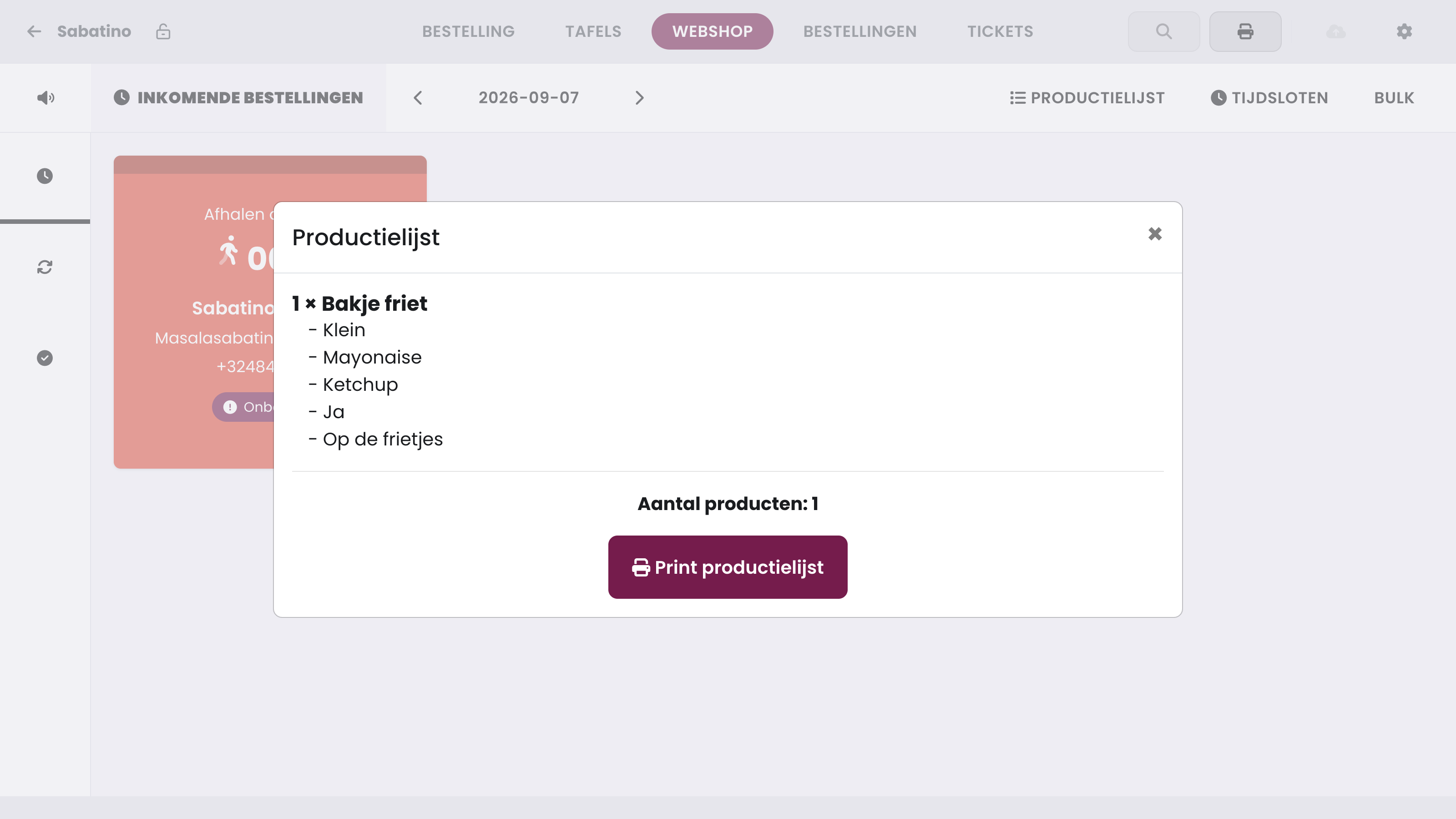 La fenêtre Liste de production : tous les produits des commandes de ce jour additionnés, avec leurs options, et le bouton Imprimer la liste de production.