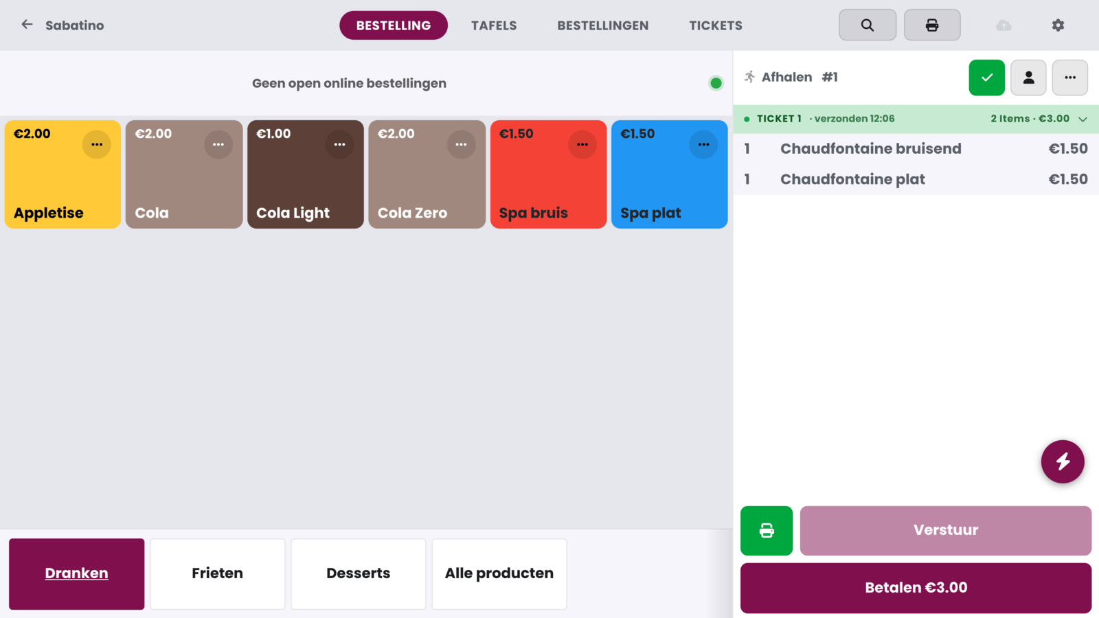 Het bestelscherm na het aanmelden: productknoppen links (dranken), de verkoopsbuffer met het ticket rechts. Onderaan rechts de knop Betalen met het totaal.