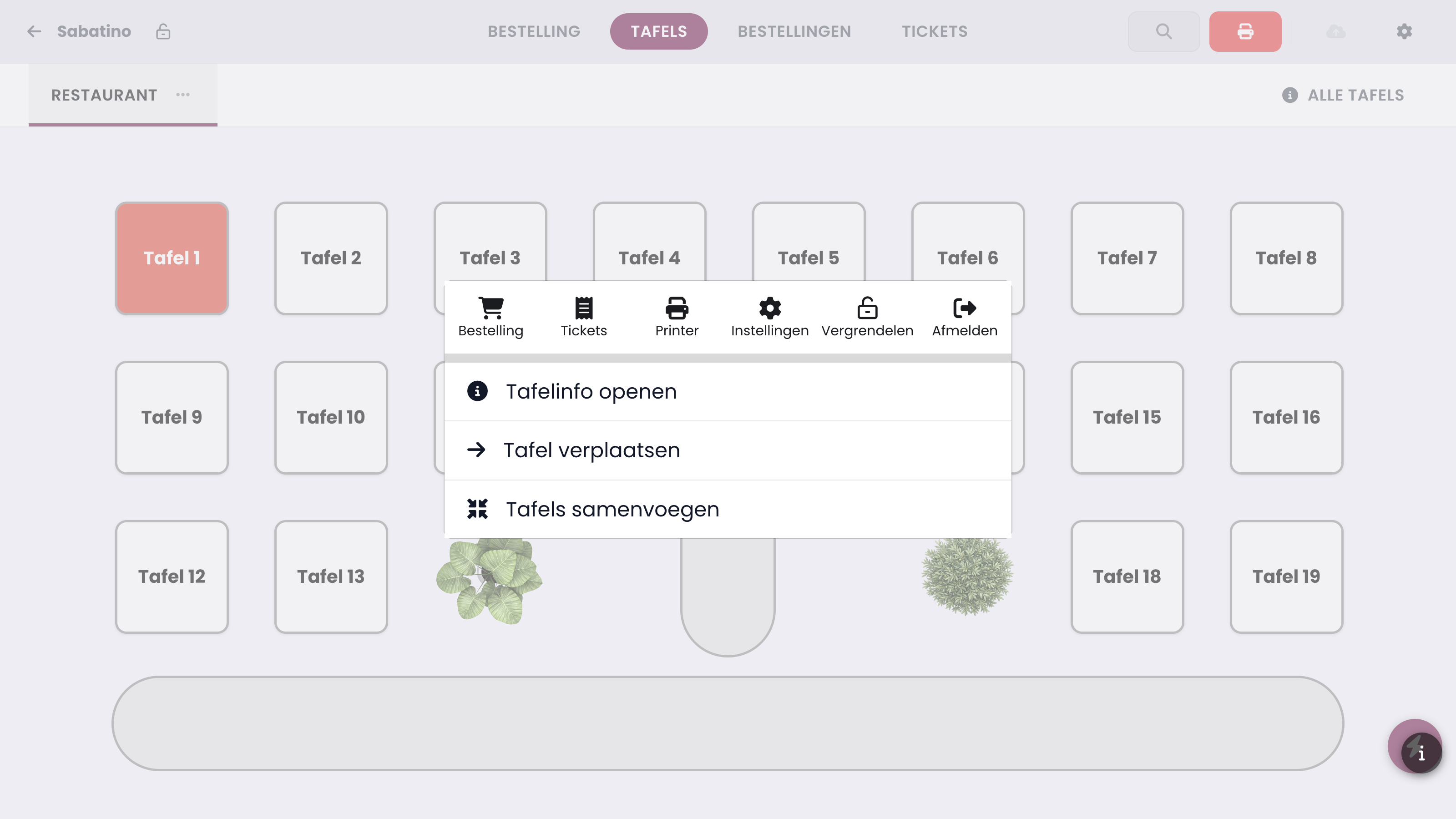 The quick actions: Open table info, Transfer table and Merge tables. Tap Transfer table.