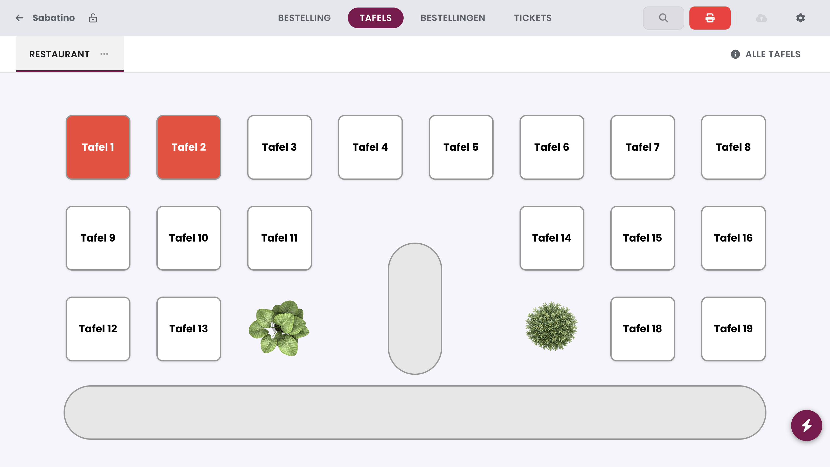 Table 1 and Table 2 are both open. Tap the lightning button at the bottom right.