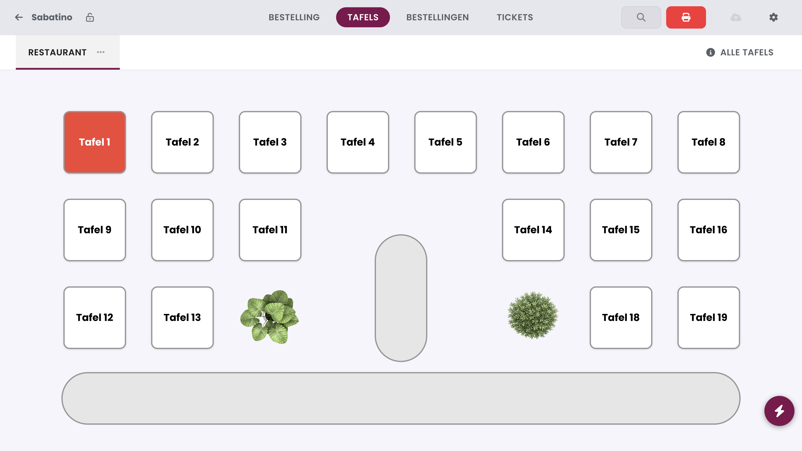 The table overview with Table 1 open. Tap the lightning button at the bottom right and choose Transfer table.