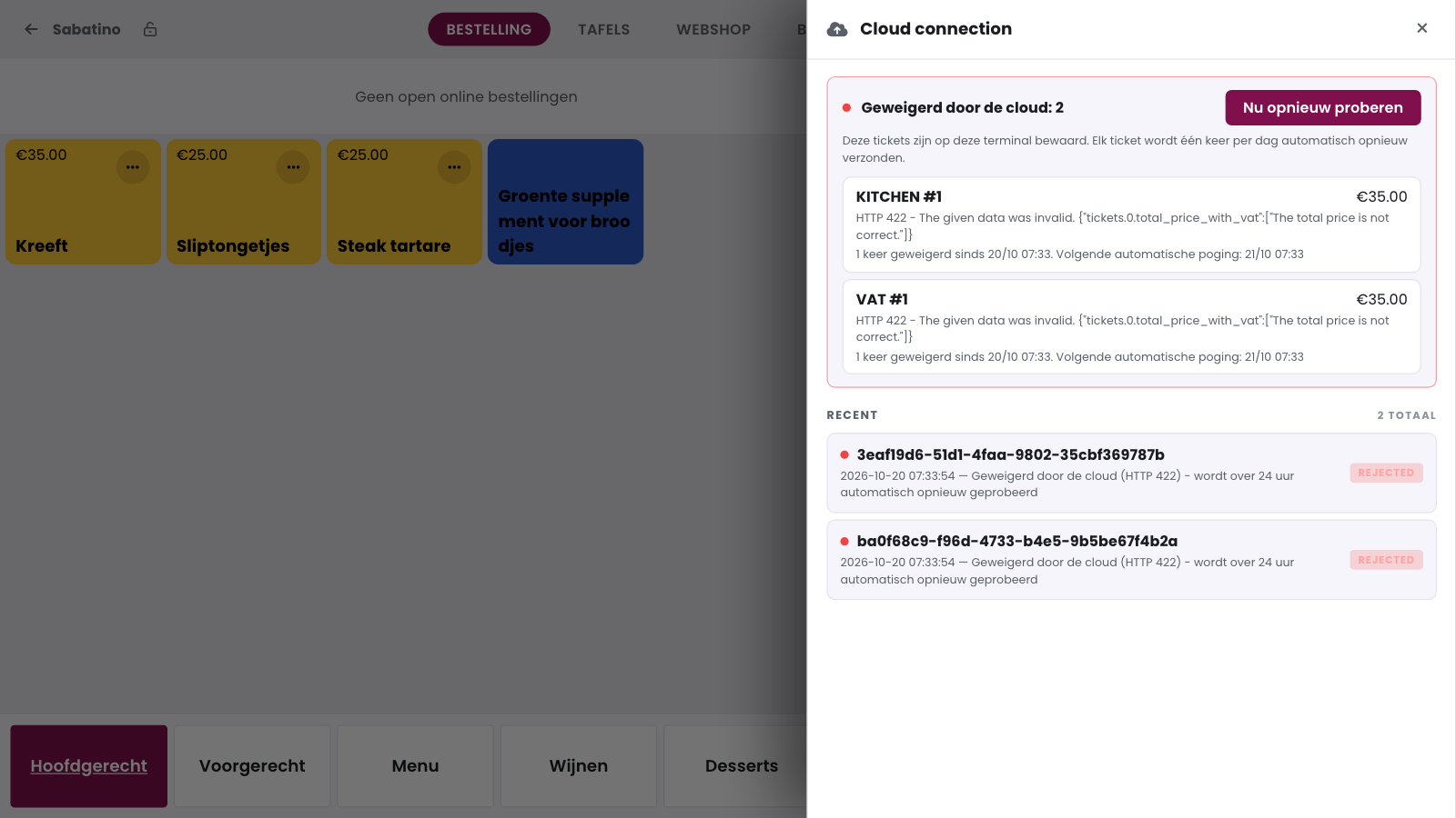 The sidebar shows the receipts that didn't reach the cloud, with the message and the next automatic attempt. Tap Retry now.