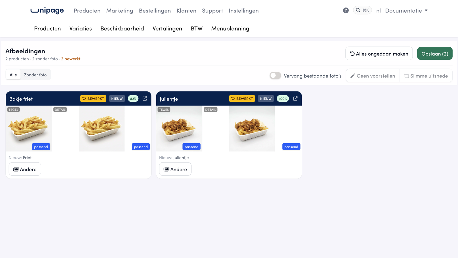 Na Afbeeldingen voorstellen: beide kaarten tonen de voorgestelde foto met het label Bewerkt en Nieuw, en de score. De detailkaders staan op passend.