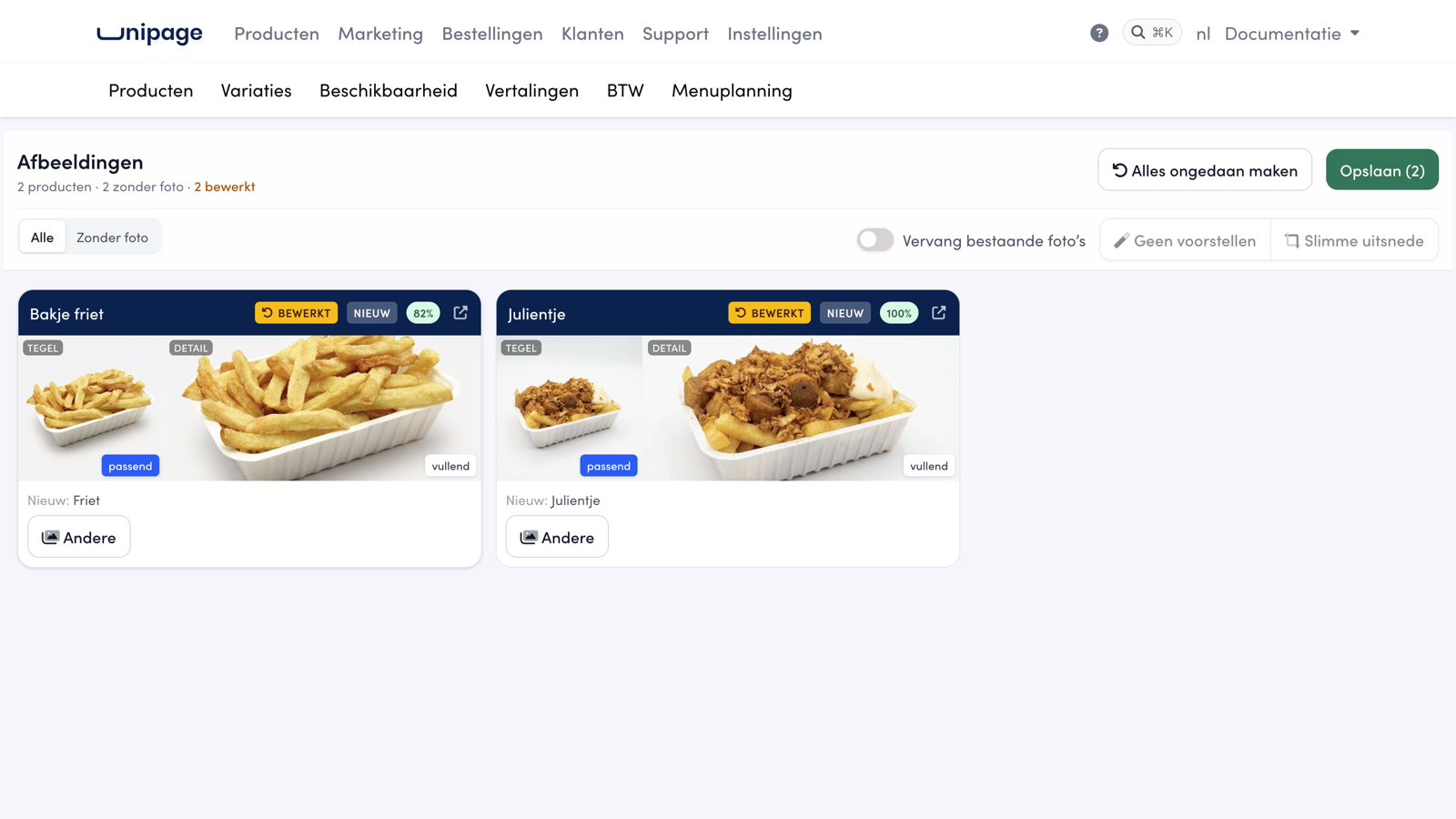 Het detailkader van Bakje friet staat nu ook op vullend. Rechtsboven staat Opslaan (2) klaar.