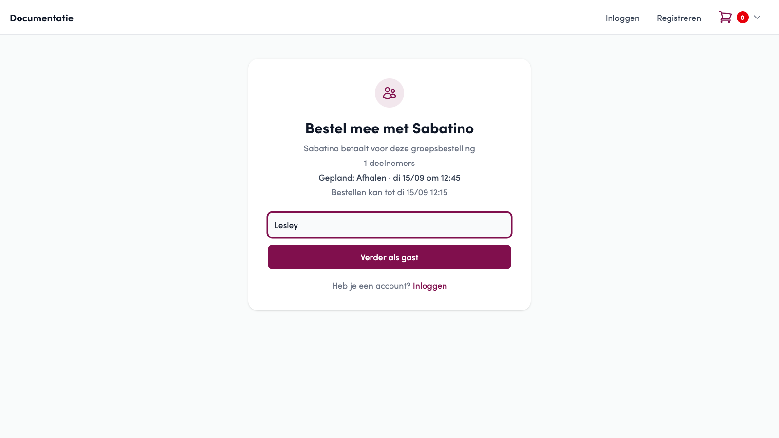 De deelnamepagina Bestel mee met Sabatino: Sabatino betaalt voor deze groepsbestelling, 1 deelnemers, het geplande moment, de deadline, het naamveld met Lesley en de knop Verder als gast.