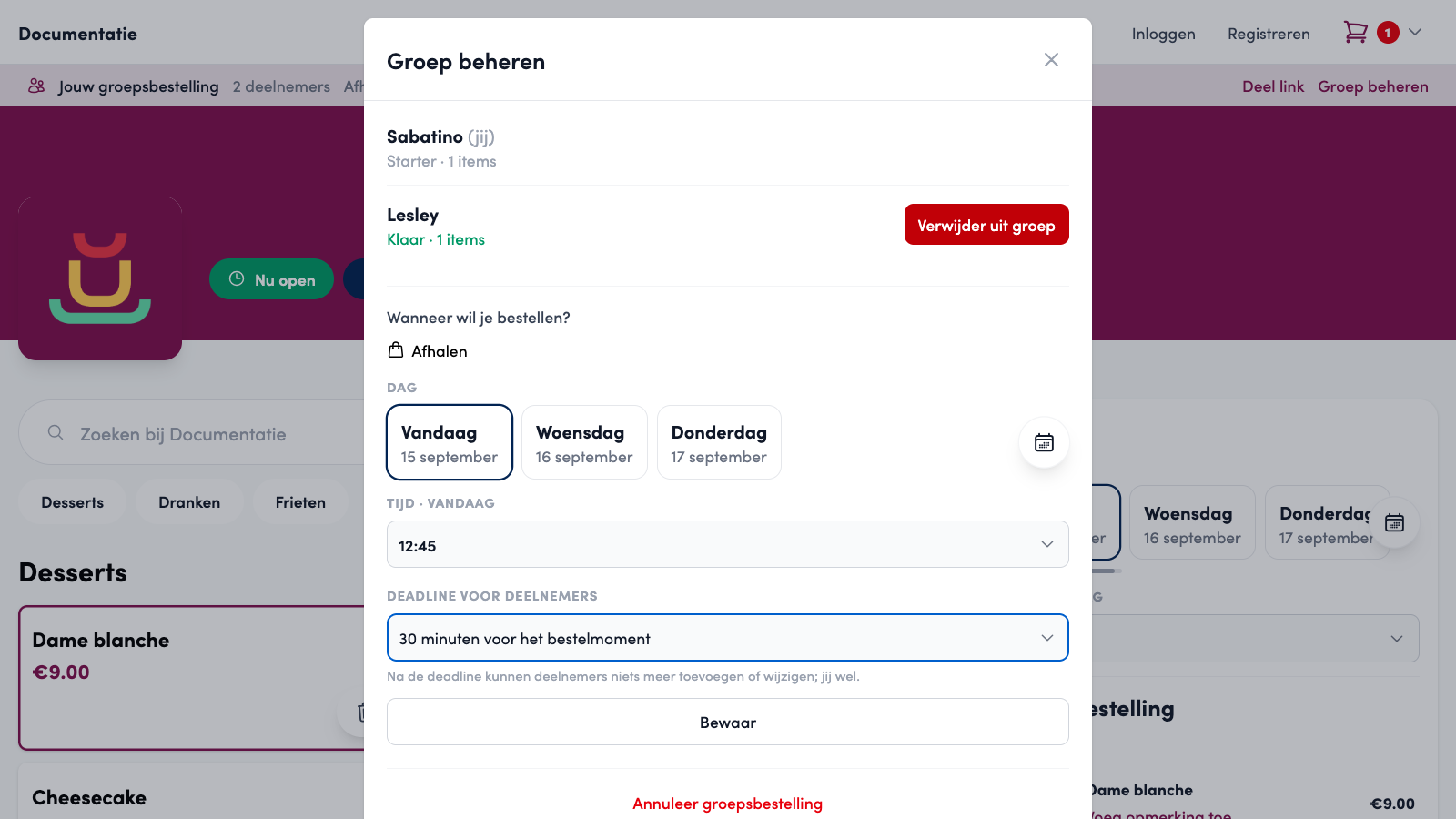 Het venster Groep beheren: Sabatino (jij) als starter, Lesley met Klaar 1 items en de knop Verwijder uit groep, daaronder Wanneer wil je bestellen met dag en tijd, Deadline voor deelnemers, Bewaar en Annuleer groepsbestelling.
