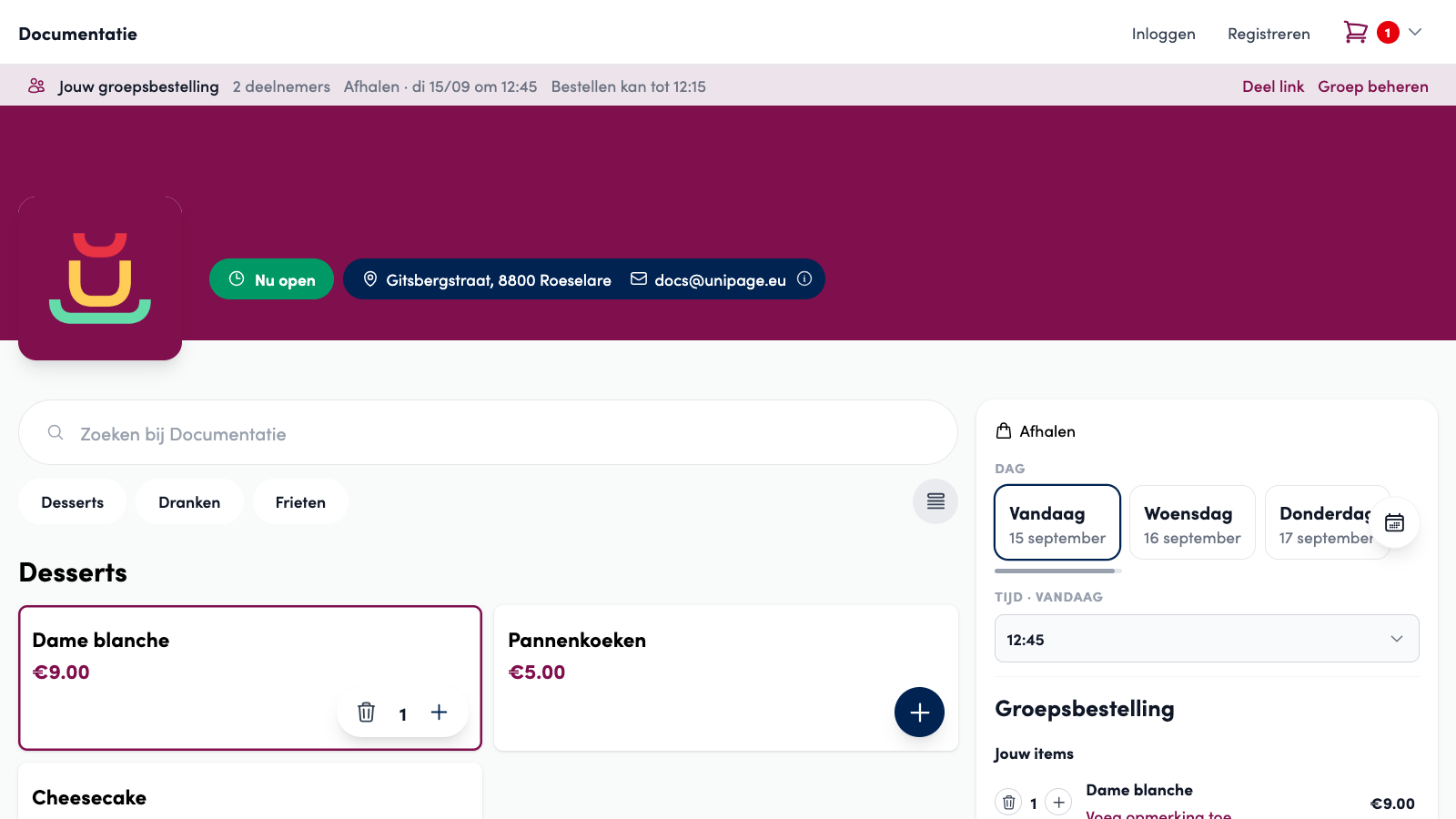 De balk Jouw groepsbestelling onder de webshopbalk: 2 deelnemers, Afhalen di 15/09 om 12:45, Bestellen kan tot 12:15, met rechts Deel link en Groep beheren.