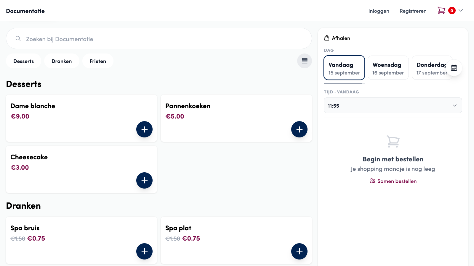 De webshop met een leeg winkelmandje: Begin met bestellen, Je shopping mandje is nog leeg en daaronder de link Samen bestellen.