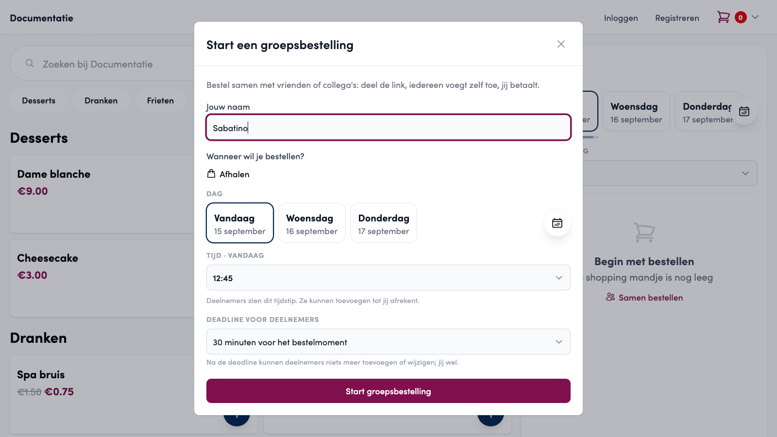 Het venster Start een groepsbestelling: naam Sabatino, afhalen vandaag om 12:45, deadline 30 minuten voor het bestelmoment en de knop Start groepsbestelling.