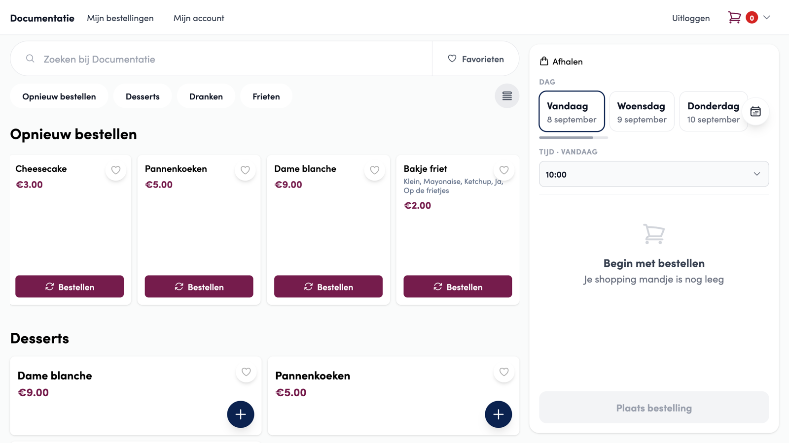 De rij Opnieuw bestellen op de webshop; de klant tikt op de kaart Bakje friet.