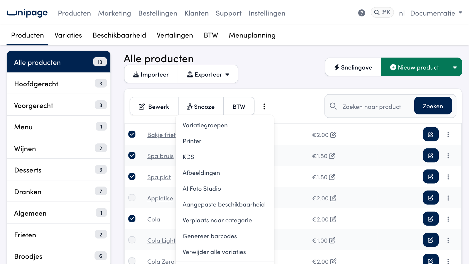 The product overview with four products ticked. The menu with the three dots next to VAT is open.